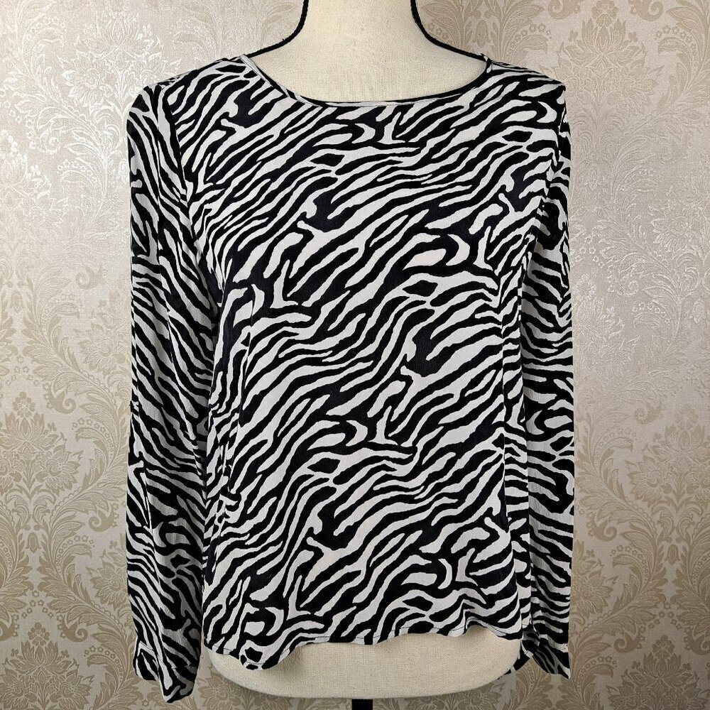 Dora Landa Sz Small Black/White Zebra Print Hi-Low Tunic 100% Silk Long Sleeves